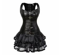 Josamogre Corset Leather Bustier Dress Skirt Set Steampunk Leather Burlesque Shoulder Straps Plus Size Halloween Sexy Black L