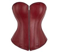 Josamogre Corset Top Bustier Leather Sexy Boned Zipper Biker Burlesque Plus Size Wine Red L