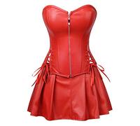 Josamogre Leather Corset Dress Bustiers Skirt Sexy Burlesque Zip Steampunk Overbust Plus Size Red 2XL