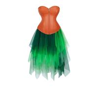 Josamogre Leather Corset Dress Layered Skirt Tulle 2 Set Bustier Boned Zipper Biker Girl Costume Pirate Lingerie Cosplay Women's Orange 3XL