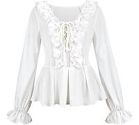 Josamogre Women's Blouses & Shirts UK Renaissance Ladies Top Long Sleeved V Neck Ruffle Tunic Elegant Formal Victorian Medieval White M