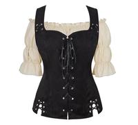 Josamogre Womens Pirate Shirt Vet 2pcs Set Corset Renaissance Medieval Blouse Costumes Steampunk Viking Bodice Lace-up Waistcoat Cosplay Black 3XL