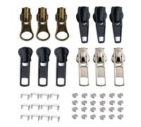 JOSDIOX Zipper Repair Kit 12 Pcs Sliders with Pulls for # 5 Metal Plastic Nylon Zippers in 3 Colors Top Bottom Stops Replacement Zip for Jacket Backpack Home Decorations.