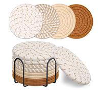 Josenidny 8-Piece Drink Coasters with Holder, Absorbent Coasters in 4 Colours for Drinks, Cotton Woven Coaster Set for Home Decor A