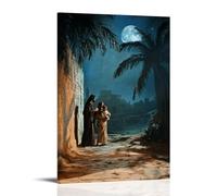 Joseph And Mary Protecting The Infant Jesus As They Flee Into Egypt, Moonlight Casting Shadows of Palm Trees on Their Path. Contemporary Wall Mural - Decorative Hanging Poster Art 16x24inch(40x60cm)