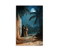 Joseph And Mary Protecting The Infant Jesus As They Flee Into Egypt, Moonlight Casting Shadows of Palm Trees on Their Path. Contemporary Wall Mural - Decorative Hanging Poster Art 24x36inch(60x90cm)