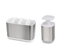 Joseph Joseph Bathroom Beauties - 2-Piece Bathroom Sink Set with Large Toothbrush Holder Caddy and Hygienic Soap Pump Dispenser, Stainless Steel