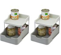 Joseph Joseph Duo 2-tier Cupboard Organiser with Drawer, Kitchen and Storage Organiser for Spices, Packets and Cans, Grey (Pack of 2)
