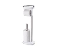 Joseph Joseph Bathroom EasyStore Free Standing Toilet Paper Roll Holder with small storage shelf, Stainless Steel, 24 , White / Steel