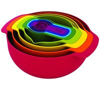 Joseph Joseph Nest 9 Plus, 9 Piece Compact Food Preparation Set with Mixing Bowls, Measuring cups, Sieve and Colander, Red