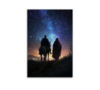 Joseph Leading Mary on A Donkey Under A Sky Full of Stars, Bethlehem’s Lights Twinkling in The Distance Like Prophecy. Contemporary Wall Mural - Decorative Hanging Poster Art 08x12inch(20x30cm)