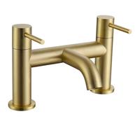 Joseph Miles Titan Flow Brushed Brass Bridge Bath Filler Tap - Curved Spout - Stick Handles - Deck Mounted