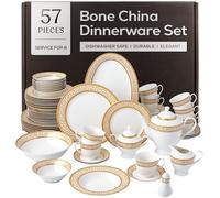 Joseph Sedgh Collection 57-Piece Bone China Dinnerware, Service for 8, White and Gold Greek Key