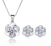Josfeva Jewellery Sets for Women Girls, 925 Sterling Silver Pendant Necklace & Stud Earrings Sets with White Cubic Zirconia, Flower Jewellery Set Gifts for Birthday Christmas Graduation Valentines