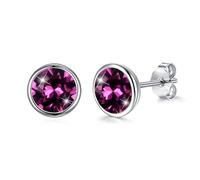 Josfeva Stud Earrings Silver 925, 8mm Black Purple Aurora Borealis Blue Red White Green Vermilion Yellow Pink Violet Sapphire Tiny Round Stud Earrings, Small Sleeping Earring with Crystal for Women