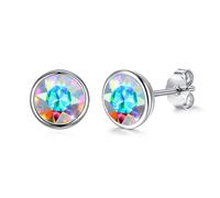 Josfeva Stud Earrings Silver 925, 8mm Black Purple Aurora Borealis Blue Red White Green Vermilion Yellow Pink Violet Sapphire Tiny Round Stud Earrings, Small Sleeping Earring with Crystal for Women