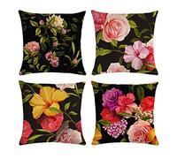 JOSGACRS Floral Leaf Cushion Black Throw Pillow Case Set Yellow flower Cushion Covers for Living Room Sofa Couch Bed Bedroom Home Decor Garden Couch water proof pillowcase 45 x 45cm set of 4