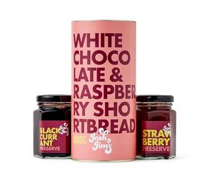 Josh & Jim's Berry Trio Gift Pack, Mini Tasty Strawberry Preserve & Blackcurrant Preserve With Less Sugar 114g, With White Chocolate & Raspberry Shortbread, Produced In UK, 160g