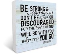 Joshua 19 Be Strong And Courageous Dont Be Afraid Religious Wood Box Sign Rustic Wood Plaque Farmhouse Block Sign Rustic Home Decor Office Tabletop Desk Decor Gift for Women Men 5x5 Inches