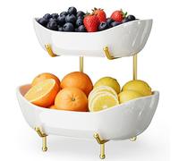 Josmimic 2 Tier Ceramic Fruit Bowl for Kitchen Counter - Fruit Basket with Gold Metal Stand, Holder for Snacks, Nuts, Cakes, Desserts, Bread, Candy Storage
