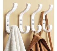 Josmimic 4 Pack Large Coat Hooks Wall Mounted, Heavy Duty White Metal Double Hooks, Individual Screw-in Wall Hooks for Coats, Hats, Towels and Bags, Strong Coat Hooks up to 13.5 kg