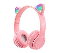 Joso Kids Headphones, Bluetooth Cat Ear Headphone with Mic, LED Light for Online Learning, School, Travel, Tablet, Smartphone, Wireless Headset Foldable for Girls Boys Aged 5+ (Pink)