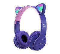 Joso Kids Headphones, Bluetooth Cat Ear Headphone with Mic, LED Light for Online Learning, School, Travel, Tablet, Smartphone, Wireless Headset Foldable for Girls Boys Aged 5+ (Purple)