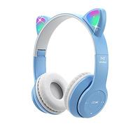 Joso Kids Headphones, Bluetooth Cat Ear Headphone with Mic, LED Light for Online Learning, School, Travel, Tablet, Smartphone, Wireless Headset Foldable for Girls Boys Aged 5+ (Blue)