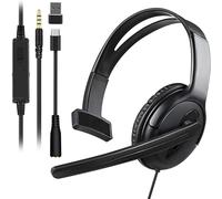 Joso Wired One Ear Headset with Mic, Single Ear Headset for PS5/PS4/Xbox/Switch/PC/iPad/Mac/Tablet with 3.5mm to USB A & Type C Adapter - Office Business, Remote Work, Coach, Gaming, Chat Headphone
