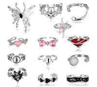 Josojoou 13Pcs Y2k Rings for Women Men, Irregular Adjustable Open Ring Vintage Gothic Punk Rings Moonstone Butterfly Star Pink Heart Cool Aesthetic Ring Set