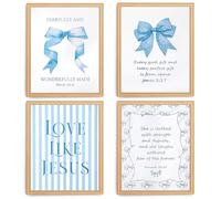 Josojoou 4PCS Blue Bow Jesus Walls Art, Bow Decor Bible Verses Wall Decor, Bows Theme Room Posters, Gifts for College Girls, Inspirational Verses Blue Wall Decors