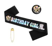 Josojoou Birthday Girl Sash, Black Cowgirl Western Party Decorations | Black satin birthday sash with gold script. Perfect for cowgirl, western & Last Rodeo themed parties. One size fits most.