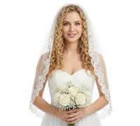 Josojoou White Wedding Bridal Veil with Comb, 1 Tier Floral Edge Bridal Tulle Veil, Lace Bride Wedding Veil for Bachelorette Party Bridals Shower Flower Girl