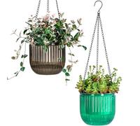Josteve 6.5 Inch 2 Pcs Self Watering Hanging Planters Indoor Plant Pots with Drainage Holes, Outdoor Hanging Flower Pot Basket Visible Water Level, Plant Hanger Home Decor, Gardening (Emerald & Grey)