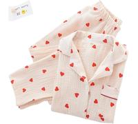 JosuE Heart Print Pyjamas Set, Cotton Set Cute Heart Print Long Sleeve Button Down Shirt With Long Pants,Beige,M
