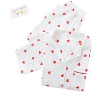 JosuE Heart Print Pyjamas Set, Cotton Set Cute Heart Print Long Sleeve Button Down Shirt With Long Pants,White,XL