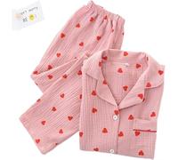 JosuE Heart Print Pyjamas Set, Cotton Set Cute Heart Print Long Sleeve Button Down Shirt With Long Pants,Pink,XL
