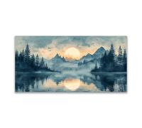 JOSUE Large Forest Canvas Wall Art Mountain Lake Moon Canvas Bathroom Wall Art,Blue,grey Modern Decorative Contemporary For Living Room Bedroom Office-40x80cm Unframed