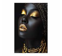 JOSUE Luxury Black & Gold Woman Canvas Wall Art - Glitter Makeup & Headwrap Portrait, Afrocentric for Bedroom Vanity(C6)-50x70cm Unframed