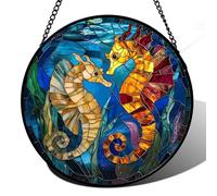 JOSUMALY Stained Glass Window Hanging - Blue Ocean Orange Seahorse Suncatcher for Door Terrace Garden Home Decor, Marine Life Sun Catcher Birthday Gifts for Lovers Women Men Dad Mom Nana 11.8 in