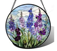 JOSUMALY Stained Glass Window Hanging - Blue Purple Delphinium Suncatcher for Door Garden Home Decor Birth Flower Sun Catcher Birthday for Friend Lovers Women Mom Nana 7.8 in