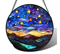 JOSUMALY Stained Glass Window Hanging, Blue Sky Gold Stars Abstract Landscape Suncatcher for Doors Window Home Sun Catchers Decor Mother's Day Birthday Gifts for Women, Men Mom 6.3 in