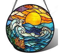 JOSUMALY Stained Glass Window Hanging, Orange Sun Blue Sea Waves Landscape Suncatcher for Doors Window Home Sun Catchers Decor Mother's Day Birthday Gifts for Women, Men Mom 6.3 in