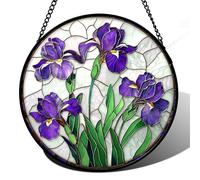 JOSUMALY Stained Glass Window Hanging - Purple Iris Flower Sun Catcher for Door Terrace Garden Home Decor, Green Plants Suncatcher Birthday Gifts for Lovers Women Men Dad Mom Nana 7.8 in
