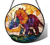 JOSUMALY Stained Glass Window Hanging - Triceratops Abstract Dinosaur Suncatcher for Door Terrace Garden Home Decor, Orange Red Sun Catcher Birthday Gifts for Lovers Women Men Dad Mom Nana 7.8 in
