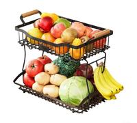 Jotekonoby 2 Tier Fruit Basket With 2 Banana Hangers, Countertop Vegetable Bowl Kitchen Counter Metal Mesh Fruits Stand Produce Holder Organizer Onion Potato Bread Snack Veggie(Black)
