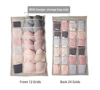 Jotekonoby Double Pockets Hanging Storage Organiser With 24 Organisation For Underwear Bra Socks Wardrobe Sided Metal Cloth Having Oxford Hanger 75X44Cm（Beige: 12+24 Grids）