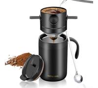Jotekonoby Stainless Steel Manual Pour Over Coffee Cup with Double Wall Insulation, Portable Hand Drip Brewing Set with Filter and Spoon for Hot Coffee at Home, Camping(Black)