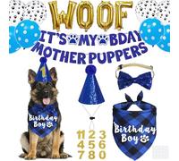 JOTFA Dog Birthday Decorations, Multi Sizes Dog Birthday Bandana Boy Dog Birthday Hat Numbers Bow Tie It’s My Bday Mother Puppers Sign Banner WOOF balloons for Large Extra Large Dogs (Blue, X-Large)