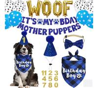 JOTFA Dog Birthday Decorations, Multi Sizes Dog Birthday Bandana Boy Dog Birthday Hat Numbers Bow Tie It’s My Bday Mother Puppers Sign Banner WOOF balloons for Medium Large Dogs (Blue, Large)